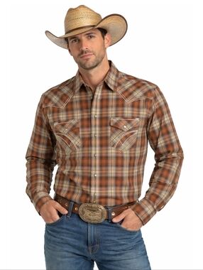 Panhandle Rough Stock Shirt, Size Medium, Plaid, Pearl Snaps, Long Sleeve